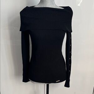 MICHAEL KORS Black Off-Shoulder Sweater Gold Grommet Cutout Arms, Size M